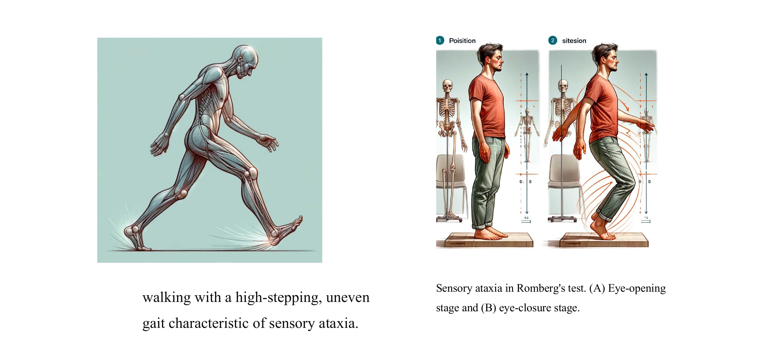 sensory ataxia/ Romberg’s test. (A) Eye-opening stage and (B) eye-closure stage.